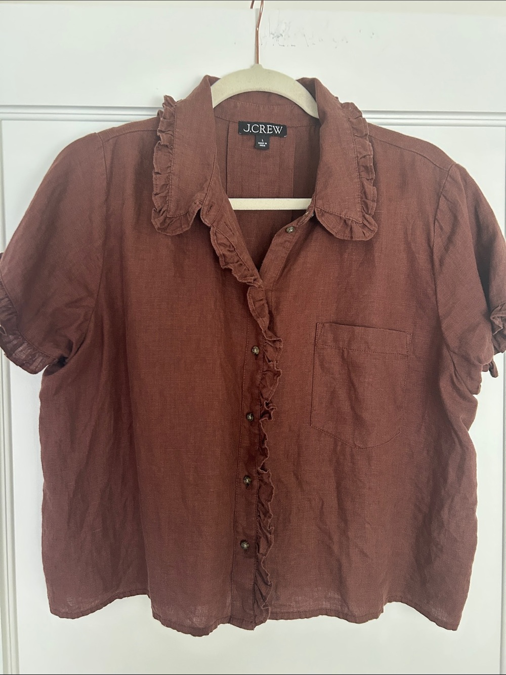 J. Crew Brown Rust Ruffle-Trim Linen Button Down Shirt